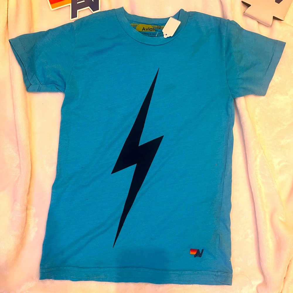 NWT Kids Aviator Nation T Shirt Neon Blue Bolt tee Size 12